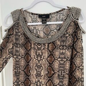 Sexy Brown Tan Embellished Silver Beaded Cut Out Blouse